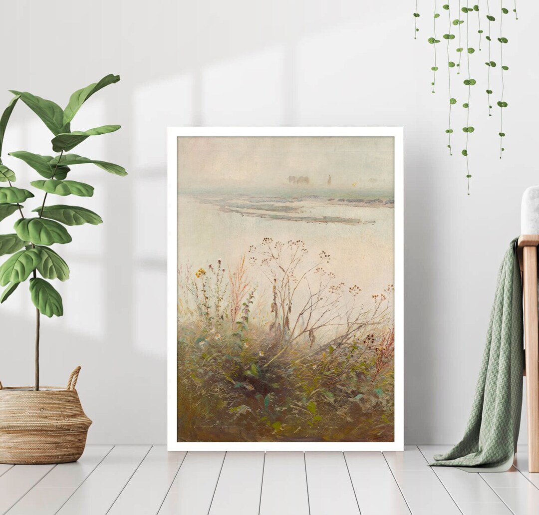 Autumn Lake Landscape Vintage Rustic Cabin Antique Painting Countryside ...