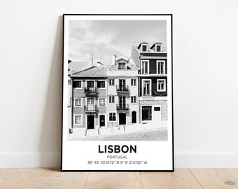 Lisbon Travel Poster Portugal Wall Art Trendy Gift Eclectic Black & White Print Retro Living Room Decor Gallery Canvas Framed