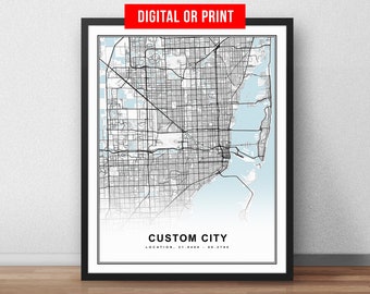 Hometown Street Map Poster Custom City Map Art Print and Frame Canvas Digital Download Personalized Valentines Day Gift for Him Her