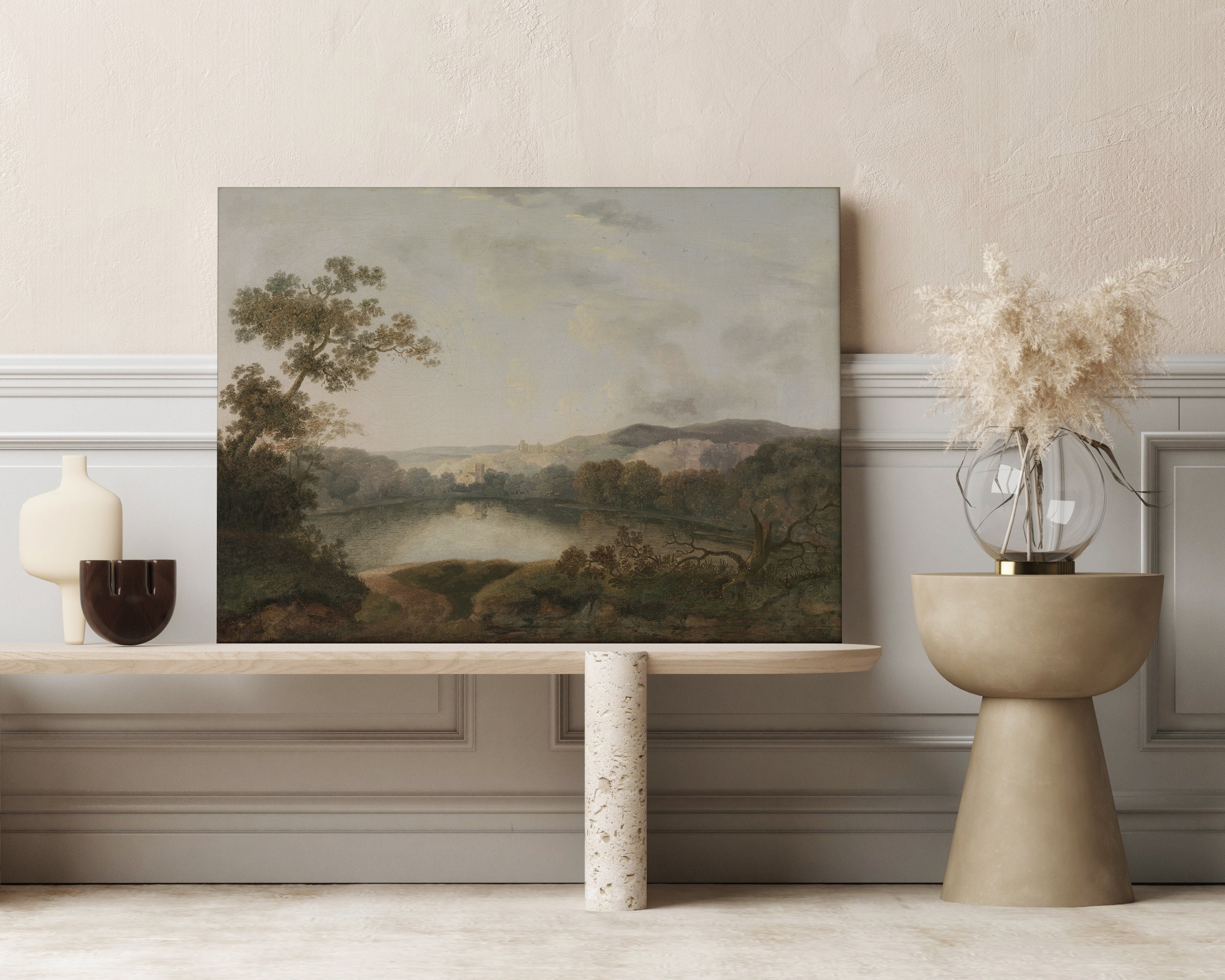 Vintage Mountain Lake Landscape Oil Painting Print Antique Nature ...