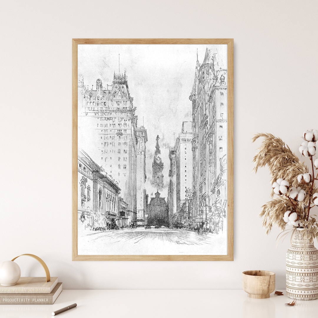 New York City Skyline Skyscraper Pencil Sketch Drawing Vintage Antique ...