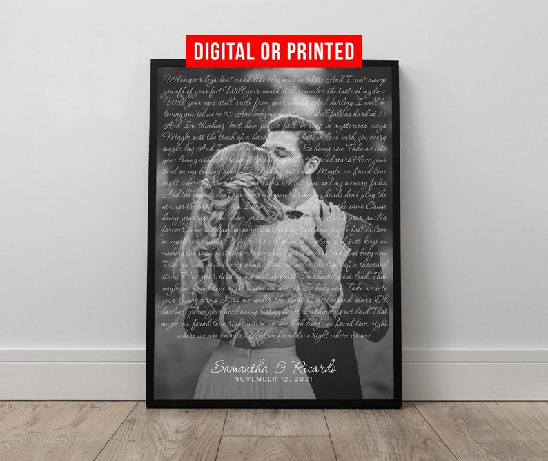May include: Black and white photo of a couple embracing, with a handwritten love letter printed over the image. The text includes the couple's names, Samantha and Ricardo, and the date November 12, 2021.