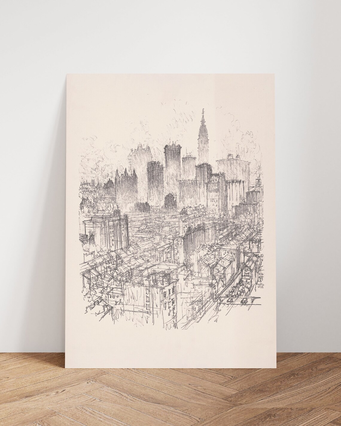 New York City Skyline Pencil Graphite Sketch Drawing Vintage Print ...