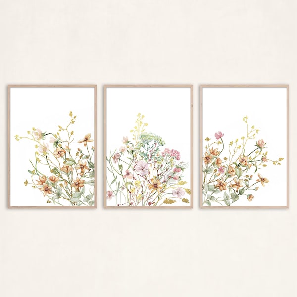 Lot de 3 fleurs botanique minimaliste impression neutre doux galerie murale art déco herbier rétro pastel neutre floral toile affiche encadrée