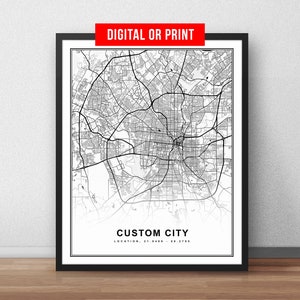 Hometown Street Map Poster Custom City Map Art Print and Frame Canvas Digital Download Personalized Valentines Day Gift for Him Her