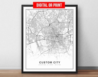 Póster con mapa de calles de tu ciudad natal. Impresión artística personalizada del mapa de la ciudad en lienzo con marco. Descarga digital. Regalo de Navidad personalizado para él o ella.
