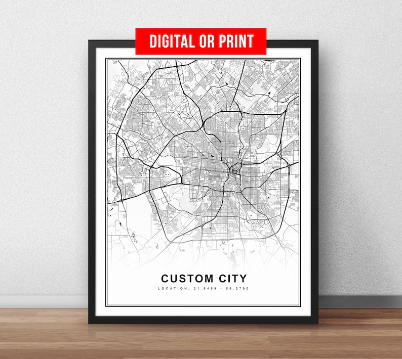 May include: Black and white printable map of Custom City, with the text "CUSTOM CITY" and "LOCATION: 21.8488, 89.2790" below the map.