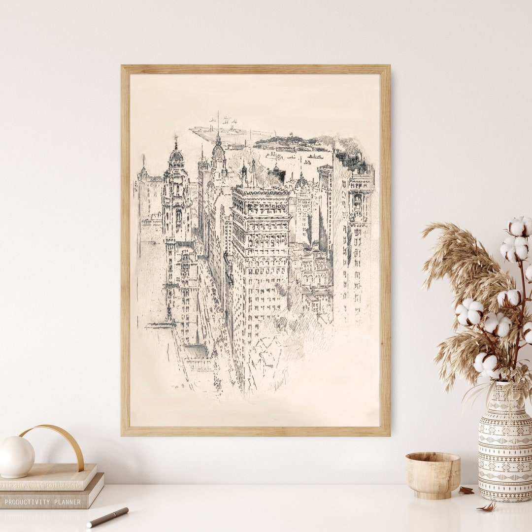 Vintage New York City Skyline Skyscraper Pencil Sketch Drawing Antique ...