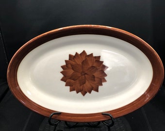 Wallace China Mid Century Oval Platter Brown Rim with Brown center flower