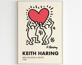 Keith Haring Exhibition Poster: Men Holding Heart, Retro Wall Art (Digital)