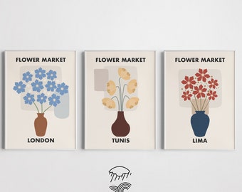 Flower Market Set of 3 Print, Floral Printable Poster, Botanical Print, Flower Wall Art, Illustration Modern Poster, Digital Download