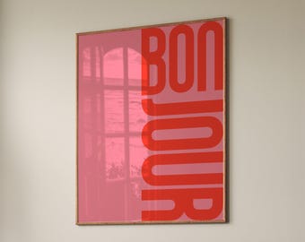 Bonjour Print, French Quote Wall Art, Typography Poster, Maximalist Poster, Retro French Poster, Cute Bedroom Decor, Digital Download