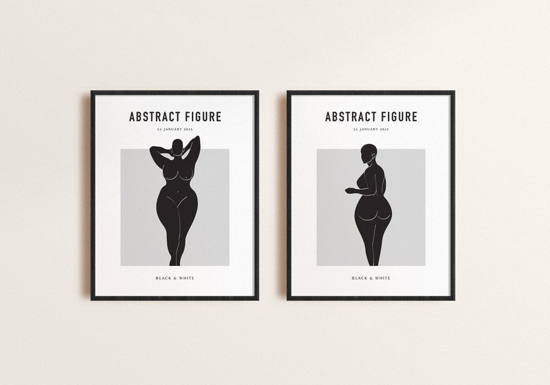 Pu&ograve; includere: Due stampe artistiche incorniciate con illustrazioni di figure astratte in bianco e nero. Ogni stampa ha una cornice nera, con il testo "ABSTRACT FIGURE" e "BLACK & WHITE". Le figure sono su uno sfondo grigio chiaro.