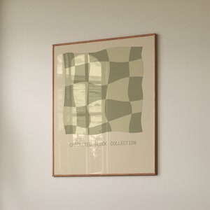 Impresión retro ondulada de cuadros: Arte mural en verde salvia y beige (descarga digital)