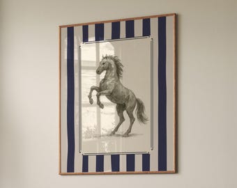 Vintage Watercolor Horse Print, Rustic Striped Wall Art (Digital Download)