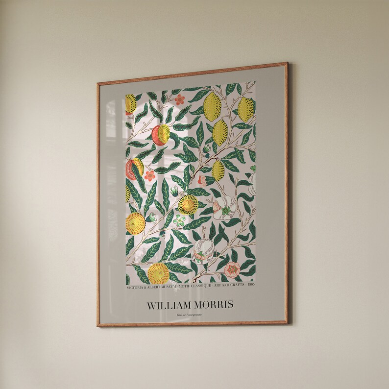 May include: A vintage poster featuring a floral pattern with green leaves, yellow lemons, and red flowers on a light pink background. The poster has the text "VICTORIA & ALBERT MUSEUMS - WITH CLASSIQUE - ART AND CRAFTS - 1863" and "WILLIAM MORRIS" at the bottom.