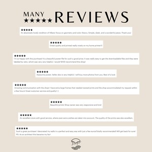May include: A collection of positive customer reviews for a shop selling digital art prints. The reviews highlight the quality of the prints, the ease of downloading the files, and the excellent customer service provided by the shop.