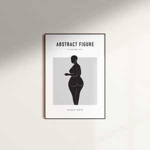 Pu&ograve; includere: Stampa artistica incorniciata in bianco e nero con una figura astratta. L'opera mostra una silhouette di una persona con una forma curvilinea, su uno sfondo grigio chiaro. Il testo "ABSTRACT FIGURE" e "BLACK & WHITE" &egrave; stampato sul poster.