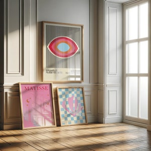 Retro Pink Wall Art Set: Bauhaus, Matisse, Checkered Prints (Digital Art)