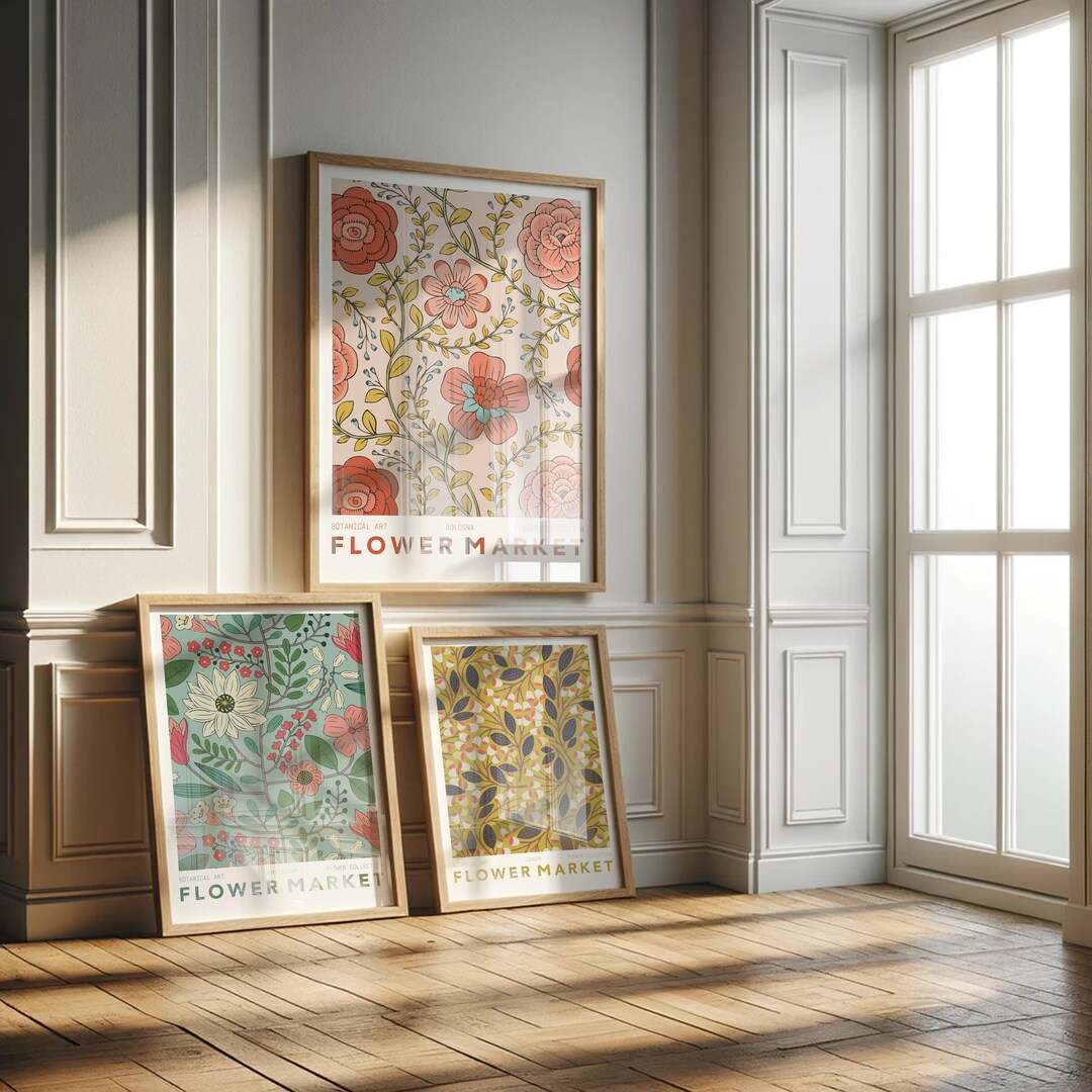 Flower Market Set of 3 Prints, Vintage Botanical Wall Art, Flower ...