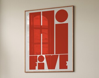 Hi Five Print: Galleria d'arte murale con caratteri rossi in grassetto (download digitale)