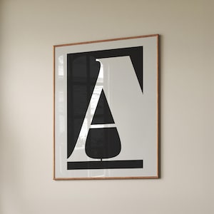 Póster de letra A, decoración minimalista de pared, idea de regalo personalizada, arte imprimible con iniciales de letra A, póster digital en blanco y negro
