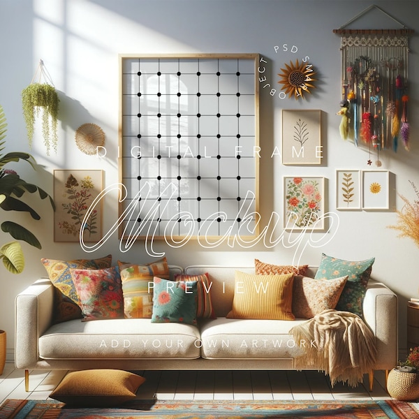 boho retro interior mockup, A0 frame mockup living room with bej sofa, poster, smart object, wood, photoshop, png, A1, A0