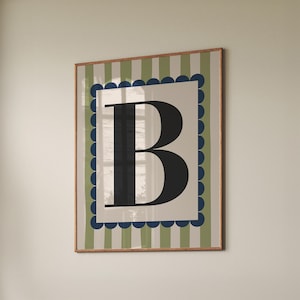 Personalized Letter Print, B Letter Print, Alphabet Print, Custom Initial Printable Wall Art, Striped Wall Art Print, Digital Download