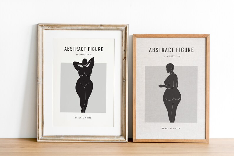 Pu&ograve; includere: Due stampe artistiche incorniciate con illustrazioni di figure astratte in bianco e nero. Le stampe presentano il testo "ABSTRACT FIGURE" e "BLACK & WHITE". Una stampa &egrave; in una cornice bianca, l'altra in una cornice di legno.