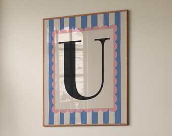 Letter U Print: Bold Alphabet, Blue Monogram Nursery Art (Digital Download)