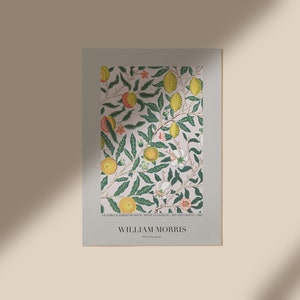 May include: A poster featuring a floral pattern with green leaves, yellow lemons, and pink flowers. The text "VICTORIA & ALBERT MUSEUM, SOUTH KENSINGTON, ART AND EXHIBITIONS, 1881" and "WILLIAM MORRIS" is printed at the bottom of the poster.