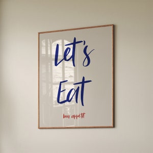 Let&#39;s Eat Wall Decor, Bon Appétit Print, Kitchen Art Print, Mid Century Modern, Dining Room Decor, Retro Typography Poster, Digital Download