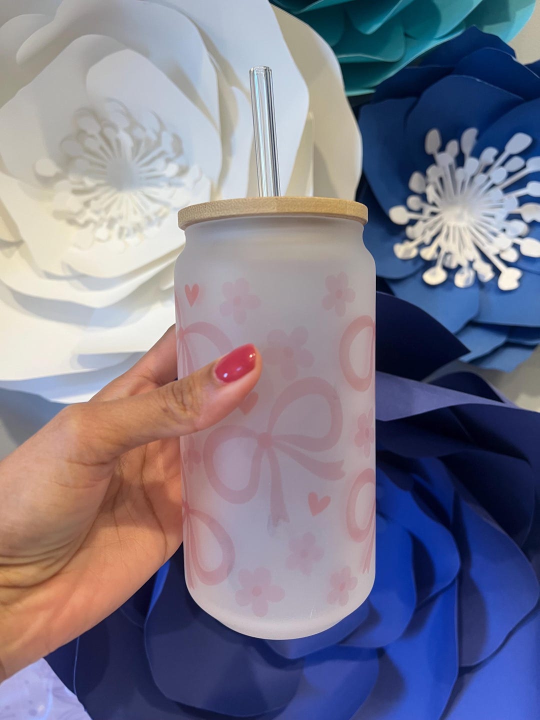Frosted Glass Cup With Pink Bows, Bamboo Lid & Glass Straw - Etsy