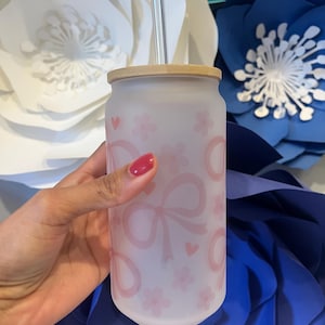 Frosted Glass Cup with Pink Bows and Flowers | Aesthetic Drinkware with Bambo Lid and Glass Straw