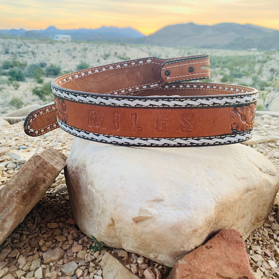 Vintage Brown Tooled Leather Western Belt Strap With MILES Engraving