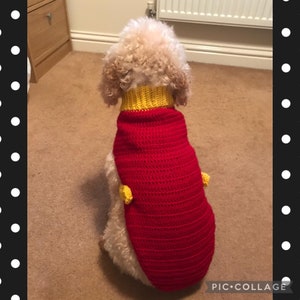 May include: A red and yellow crochet dog sweater. The sweater is a vibrant red with a yellow collar and small yellow accents on the sides. The dog is facing away from the camera, showcasing the sweater's design.