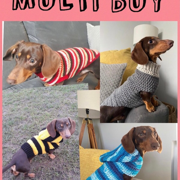 4 PDF DIGITAL DOWNLOAD Crochet Patterns. 4 small dog, sausage dog, dachshund jumper, sweater crochet patterns 14 inch