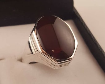 New Yemeni Black Transparent Natural Aqeeq Agate Yemen Sterling Silver Men Ring