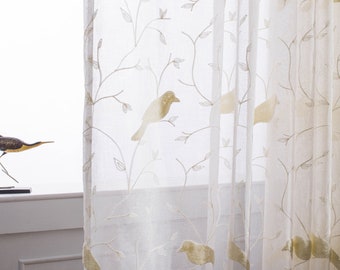 Paire de rideaux sur mesure, tulle transparent, rideau en voile, branche d'oiseau, art, appliques brodées, chambre à coucher, salon, salle d'étude