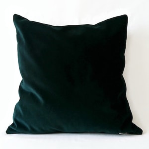 May include: A dark green velvet pillow with a smooth, soft texture. The pillow is square shaped and has a simple design.