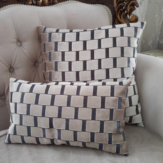 Geometric Velvet Pillow Cover: Beige Gray Modern Home Decor