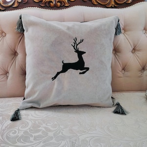 Embroidered Velvet Gray Emerald Green Pillow,  Velvet Pillow Cover with Tassel, Grey Reindeer Velvet Throw Pillow Cover