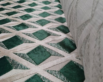 Geometrische groene vanillebeige fluwelen bekledingsstof