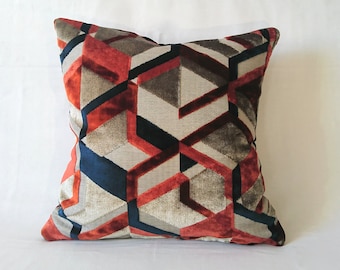 Geometric Velvet Gray Orange Navy Pillow Cover, Velvet Cushion, Decorative Modern Pillow, Patterned Velvet Pillowcase, Contemporary Pillow