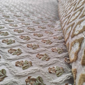 Sateen Floral Jacquard Upholstery Fabric By Yards, White Green Brown  Flower Patterned Traditional Sateen Upholstery Fabric