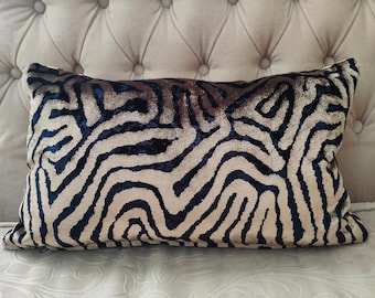 Abstract Navy Blue Beige Pillow Cover, Velvet Cushion, Modern Decorative Pillow, ligth brown Patterned Velvet Pillowcase