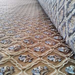 Blue Brown Flower Patterned Jacquard Upholstery Traditional Sateen Fabric