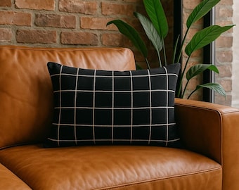 Black White Velvet Grid Pillow Cover, Modern Decorative Cushion