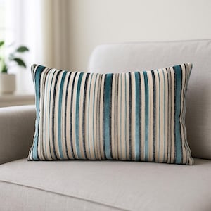 Stripe Blue Gray Velvet Pillow Cushion, Cyan Velvet Modern Pillow, Decorative Pillow, Beige Velvet Pillowcase, Custom Size Washable Pillow