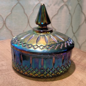 Vintage Indiana Glass Blue Carnival Glass Lidded Candy Dish